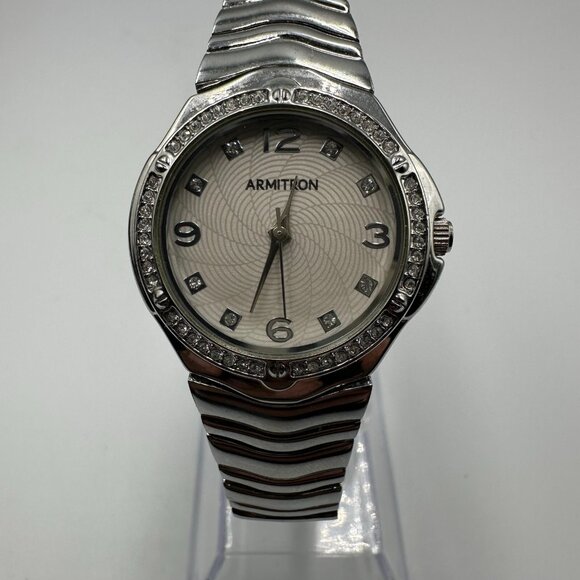 Armitron Watch Women Silver Tone Crystal Bezel 27MM Round Dial New Battery 7.5" - Picture 1 of 11